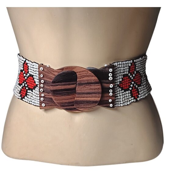 Wide Belt Stretch Red Star Flowers Beaded Boho Tribal Stretchy Wooden Buckle main image 12